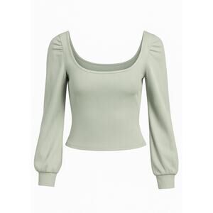 SHEIN Women’s Ribbed Scoop Neck Puff Sleeve Top Small Green Long Sleeve Casual